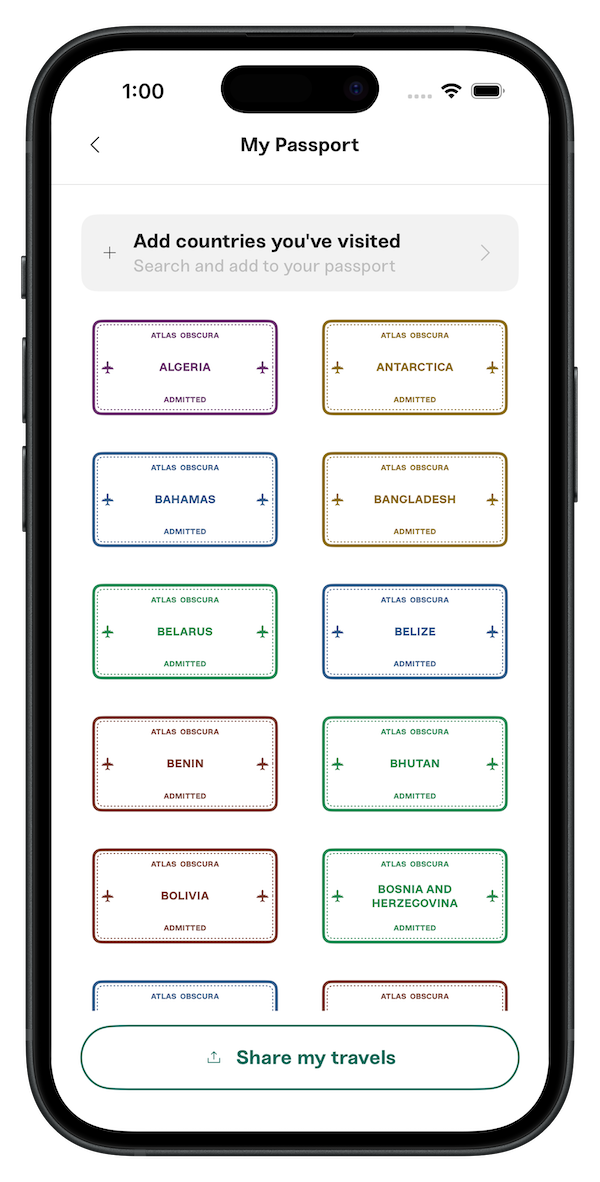 The Atlas Obscura app open to the My Passport screen